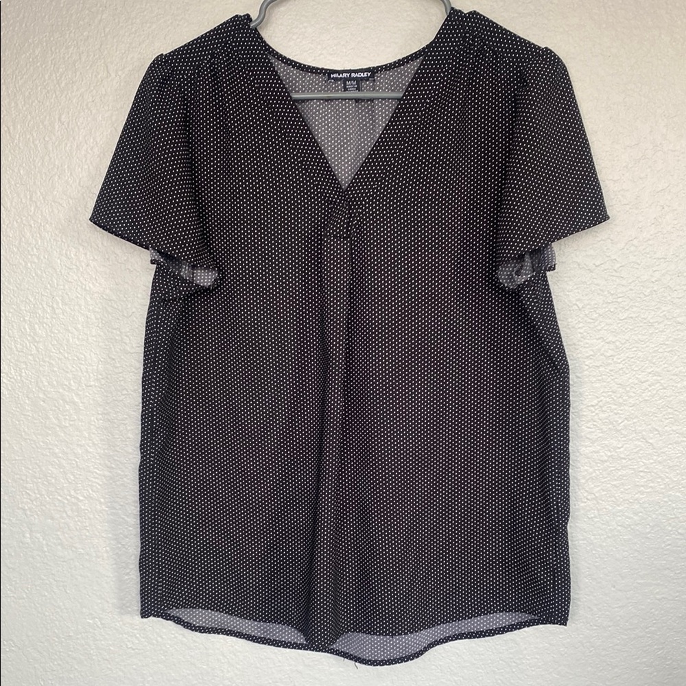 Hilary Radley Black Blouse with White Micro Dot Print